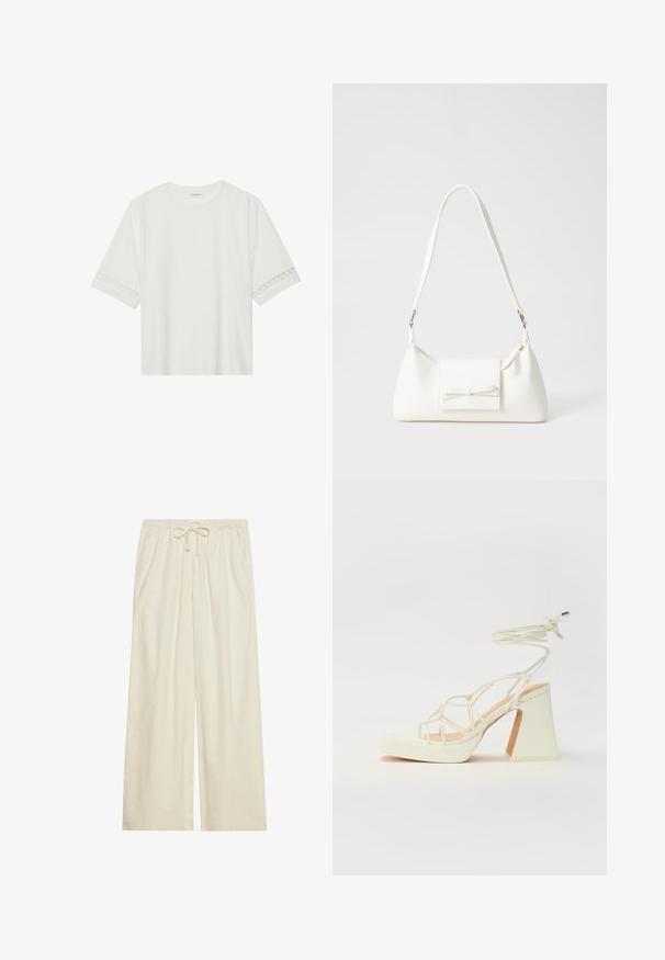 Balta īsām piedurknēm T-kreklu, izgatavotu no kokvilnas, ar dekoratīvu mežģīņu apdari ap piedurknēm un apaļu kakla izgriezumu.; Gaišas krēma krāsas plaša kāju bikses ar elastīgu jostu un auklu, ar sānu kabatām un fakturētu audumu.; Baltas augstpapēžu sandales ar masīvu papēdi, ar siksnu dizainu un potītes saistītiem elementiem. Gluda tekstūra ar platformu priekšpusē, lai nodrošinātu papildu augstumu.; Balta sintētiska soma ar trīsstūrveida formu, plakanu priekšējo vāciņu un loku detaļu, regulējamu siksnu, gludu tekstūru un minimālistisku dizainu.