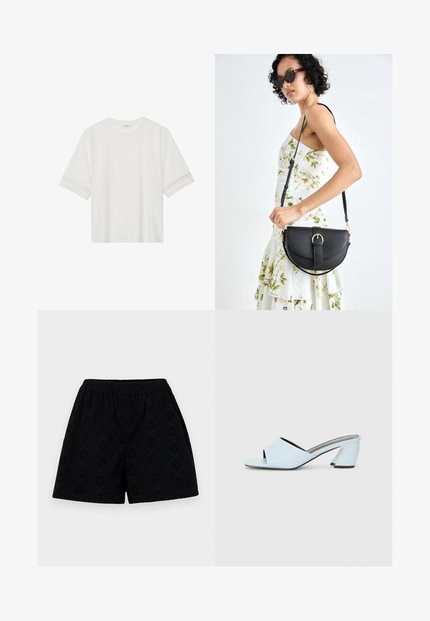 T-shirt branco de manga curta feito de algodão, com bainha de renda decorativa nas mangas e decote redondo.; Calções pretos de algodão com um cós elástico, apresentando um padrão de ilhós floral e um corte solto, a textura parece suave e leve.; Mules de salto aberto de cor azul clara com um design geométrico, apresentando uma faixa larga sobre o pé e um salto chunky e angular.; Bolsa de couro preta com forma curva, alça destacável e detalhes em dourado. A bolsa possui uma aba com detalhe de fivela.