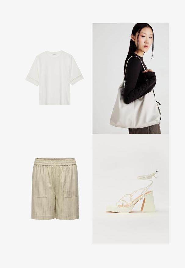 Bílé tričko s krátkým rukávem vyrobené z bavlny, s dekorativní krajkovou aplikací na rukávech a kulatým výstřihem.; Béžové bavlněné šortky s vertikálními proužky, elastickým pasem a dvěma předními kapsami, s volným a pohodlným střihem a hladkou texturou.; Bílé sandály na vysokém podpatku s robustním podpatkem, s designem s pásky a zavazováním kolem kotníku. Hladký povrch s platformou vpředu pro zvýšení výšky.; Beige kabelka vyrobená z měkkého materiálu, s volným designem, prošívanými detaily a dvěma ramenními popruhy. Vhodná pro každodenní použití.