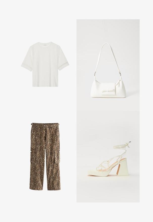 Fehér, rövid ujjas póló, pamutból készült, díszes csipkés szegéllyel az ujjak mentén és kerek nyakkivágással.; Pöttyös cargo nadrág, texturált anyagból készült, két oldalsó zsebével és egyenes szárú kialakítással, derékpánt részlettel.; Fehér, magassarkú szandál vastag sarokkal, pántos dizájnnal és bokapánttal. Sima textúra, elülső platformmal a megnövelt magasság érdekében.; Fehér szintetikus kézitáska, háromszög alakú, lapos előlap, masni részlettel, állítható pánttal, sima textúrával és minimalista dizájnnal.