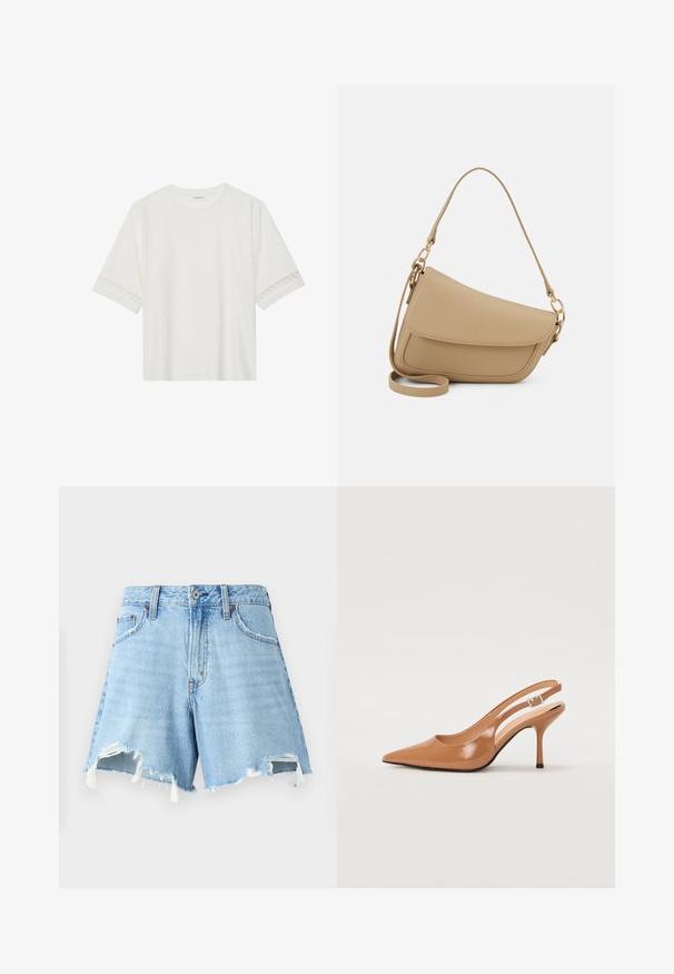 T-shirt blanc à manches courtes en coton, avec des bordures en dentelle décoratives le long des manches et un col rond.; Shorts en denim bleu clair à taille haute, avec un ourlet effiloché et deux poches avant. Texture usée avec décoloration et bords bruts.; Escarpin à talon slingback à bout pointu en matériau beige lisse et brillant. Présente un design de découpes courbées et un talon aiguille fin. Détail de boucle en argent.; Even&Odd Sac à main - beige
