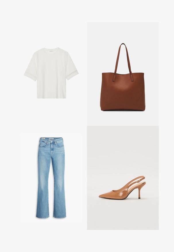 White short-sleeve t-shirt made from cotton, featuring decorative lace trim along the sleeves and a round neckline.; Light blue denim flared jeans with a high waist, featuring front pockets, a single button closure, and slight fading along the legs.; Pointed toe slingback heel in a smooth, glossy tan material. Features a curved cutout design and a slender stiletto heel. Silver buckle detail.; Brown leather tote bag with a smooth texture, open top design, and two shoulder straps. Features minimal stitching and no visible hardware.