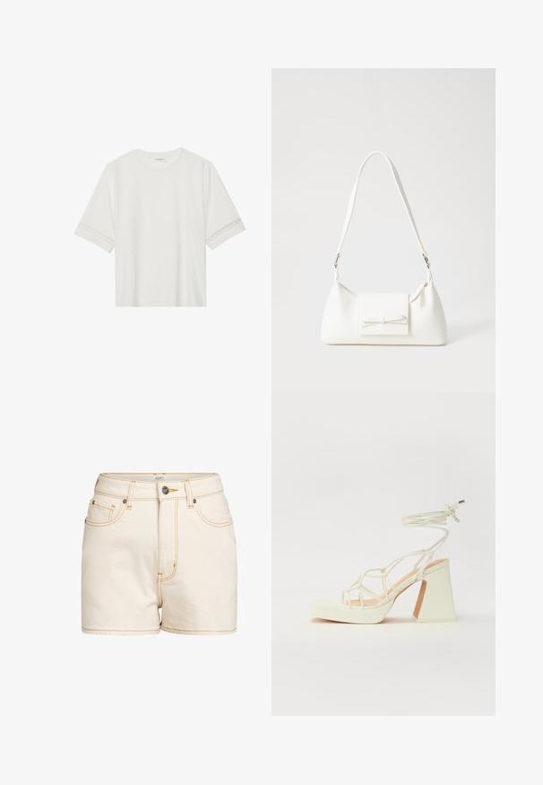 Camiseta blanca de manga corta hecha de algodón, con un ribete decorativo de encaje en las mangas y un escote redondo.; Shorts de mezclilla beige de alta cintura, con costuras amarillas en contraste, bolsillos delanteros y un cierre de botón metálico con marca.; Sandalia de tacón alto blanca con un tacón grueso, que presenta un diseño de tiras y un lazo en el tobillo. Textura suave con una plataforma en la parte delantera para mayor altura.; Bolso sintético blanco con forma triangular, tapa frontal plana y detalle de lazo, correa ajustable, textura suave y diseño minimalista.