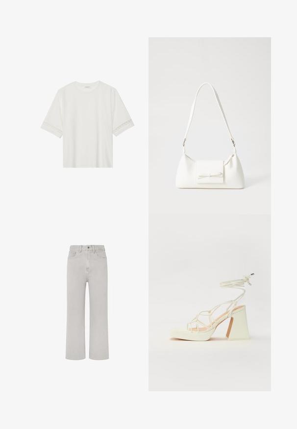 Bjela majica kratkih rukava od pamuka, s dekorativnom čipkastom obrubom duž rukava i okruglim izrezom.; Svijetlosivi traperice s ravnim dizajnom nogavica, pet džepova, prednjim zatvaračem i klasičnim pojasom. Jednostavne šavne detalje.; Bijela sandala na visokoj potpetici s debelim petom, s remenom i vezanjem oko gležnja. Glatka tekstura s platformom sprijeda za dodatnu visinu.; Bijela sintetička torbica s trokutastim oblikom, ravnim prednjim poklopcem i detaljem u obliku mašne, podesivom remenom, glatkom teksturom i minimalističkim dizajnom.
