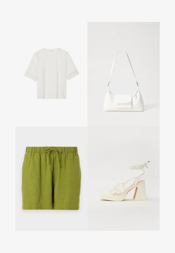 Witte korte mouwen t-shirt van katoen, met een decoratieve kantafwerking langs de mouwen en een ronde halslijn.; Groene linnen shorts met een elastische tailleband en verstelbare koord, met een relaxte pasvorm en rechte zoom.; Witte hoge hakken sandaal met een chunky hak, met een bandjesontwerp en enkelband. Gladde textuur met een plateau voor extra hoogte.; Witte synthetische handtas met een driehoekige vorm, platte voorklep en strikdetail, verstelbare schouderriem, gladde textuur en minimalistisch ontwerp.