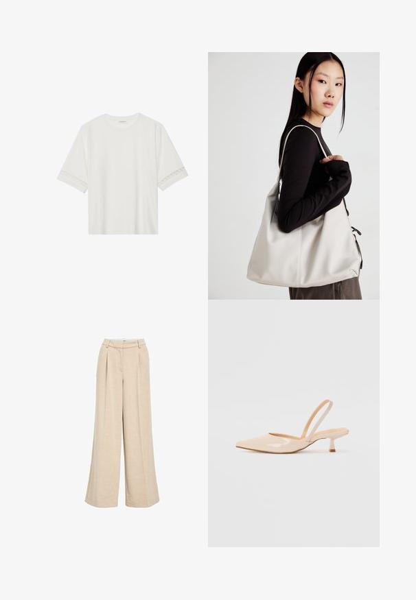 T-shirt blanc à manches courtes en coton, avec des bordures en dentelle décoratives le long des manches et un col rond.; Pantalons larges beige clair en tissu texturé, avec une taille haute, des plis avant et des poches latérales pour plus de fonctionnalité.; Escarpins slingback en cuir verni beige avec un bout pointu et un talon carré fin. Texture lisse et design minimaliste sans ornement.; Sac à main beige en matériau souple, avec un design décontracté, des détails cousus et deux poignées. Idéal pour un usage quotidien.