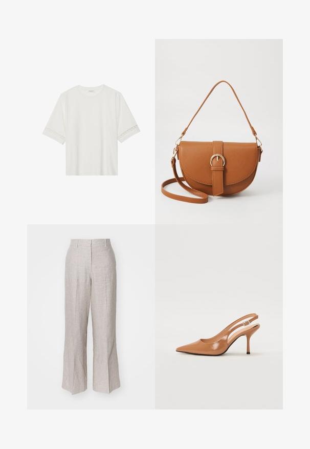 Bjela majica kratkih rukava od pamuka, s dekorativnom čipkastom obrubom duž rukava i okruglim izrezom.; Svijetlosmeđi laneni hlače s visokim strukom, širokim nogavicama i prednjim naborima. Glatka tekstura i minimalistički dizajn, pogodne za svakodnevno nošenje.; Sandal s petom u obliku šiljastog prsta od glatkog, sjajnog smeškastog materijala. Ima zakrivljeni izrez i vitku štiklu. Detalj s srebrnom kopčom.; Smeđa kožna torba preko tijela s zakrivljenim oblikom, zlatnim metalnim detaljima i naglaskom na kopču. Ima odvojivu naramenicu.