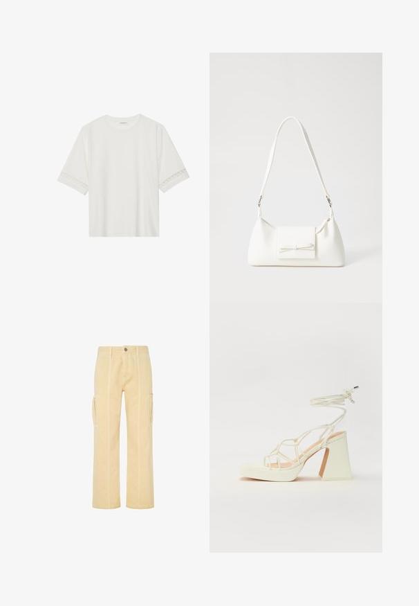 Witte korte mouwen t-shirt van katoen, met een decoratieve kantafwerking langs de mouwen en een ronde halslijn.; Lichtgele cargobroek met een recht model, voorzien van zijzakken en contrasterende stiksels langs de naden. Duurzaam katoenmateriaal.; Witte hoge hakken sandaal met een chunky hak, met een bandjesontwerp en enkelband. Gladde textuur met een plateau voor extra hoogte.; Witte synthetische handtas met een driehoekige vorm, platte voorklep en strikdetail, verstelbare schouderriem, gladde textuur en minimalistisch ontwerp.