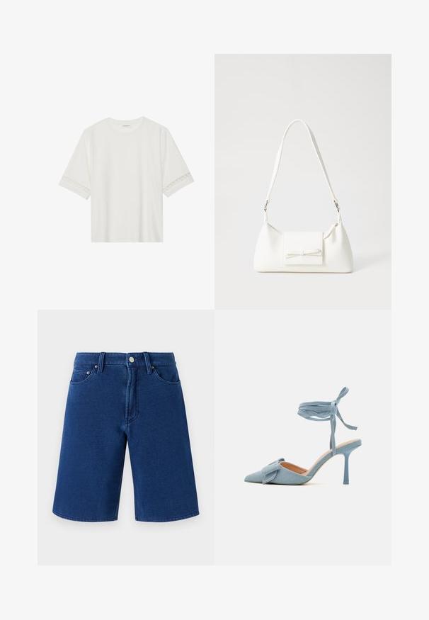 White short-sleeve t-shirt made from cotton, featuring decorative lace trim along the sleeves and a round neckline.; Blue denim shorts with a straight cut, five-pocket design, and a visible waistband featuring a metal button and belt loops.; Pointed-toe high heel shoe in light blue fabric with a textured finish, featuring a bow accent and ankle strap for secure fit.; White synthetic handbag with a triangular shape, flat front flap and bow detail, adjustable strap, smooth texture, and minimalistic design.