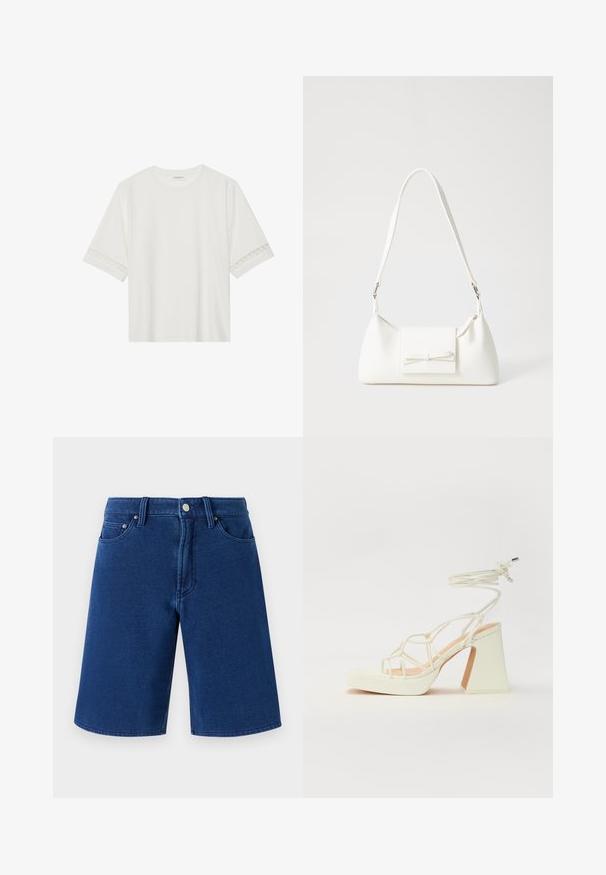Fehér, rövid ujjas póló, pamutból készült, díszes csipkés szegéllyel az ujjak mentén és kerek nyakkivágással.; Kék farmer rövidnadrág egyenes szabással, öt zsebes kialakítással, és látható derékkal, amely fémből készült gombbal és övhurkokkal van ellátva.; Fehér, magassarkú szandál vastag sarokkal, pántos dizájnnal és bokapánttal. Sima textúra, elülső platformmal a megnövelt magasság érdekében.; Fehér szintetikus kézitáska, háromszög alakú, lapos előlap, masni részlettel, állítható pánttal, sima textúrával és minimalista dizájnnal.