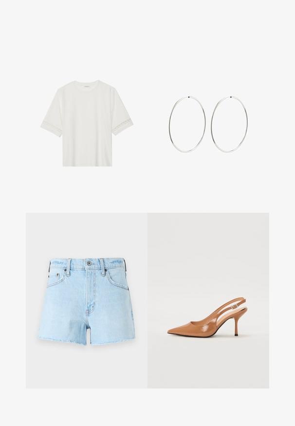 Balta īsām piedurknēm T-kreklu, izgatavotu no kokvilnas, ar dekoratīvu mežģīņu apdari ap piedurknēm un apaļu kakla izgriezumu.; Gaiši zili denima šorti ar saplēstajām malām, piecu kabatu dizains, pogu aizdare un stitched detaļas gar šuvēm.; Izteikts pirksta siksnas zābaks, izgatavots no gludas, spīdīgas brūnas materiāla. Piedāvā izliekta izgriezuma dizainu un smalku stiletto papēdi. Sudraba sprādze.; Sudraba riņķa auskari ar gludu, apaļu dizainu un pulētu apdari. Tie ir plāni un viegli, ar vienkāršu aizdari.