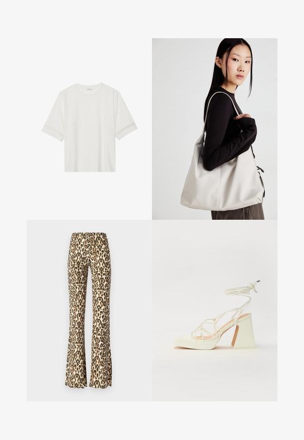 T-shirt branco de manga curta feito de algodão, com bainha de renda decorativa nas mangas e decote redondo.; Calças largas com padrão de leopardo em tons de castanho e preto, com uma textura suave e uma cintura justa que se alarga a partir do joelho.; Sandálias brancas de salto alto com um salto robusto, apresentando um design com tiras e amarração no tornozelo. Textura suave com uma plataforma na frente para altura adicional.; Uma bolsa bege feita de material macio, com um design descontraído, detalhes de costura e duas alças para o ombro. Adequada para uso diário.