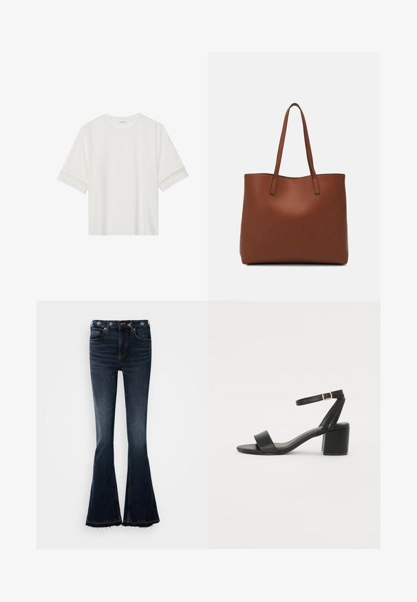 T-shirt bianco a maniche corte in cotone, con bordi in pizzo decorativi lungo le maniche e scollo rotondo.; Jeans a campana in denim scuro con vita alta, caratterizzati da cuciture decorative vicino all'elastico e orli sfilacciati.; Sandalo nero con tacco alto, caratterizzato da una tomaia in pelle liscia, punta aperta, ampie fasce frontali e cinturino a caviglia regolabile con un dettaglio in fibbia dorata.; Borsa tote in pelle marrone con texture liscia, design con apertura superiore e due spallacci. Presenta cuciture minime e nessun hardware visibile.