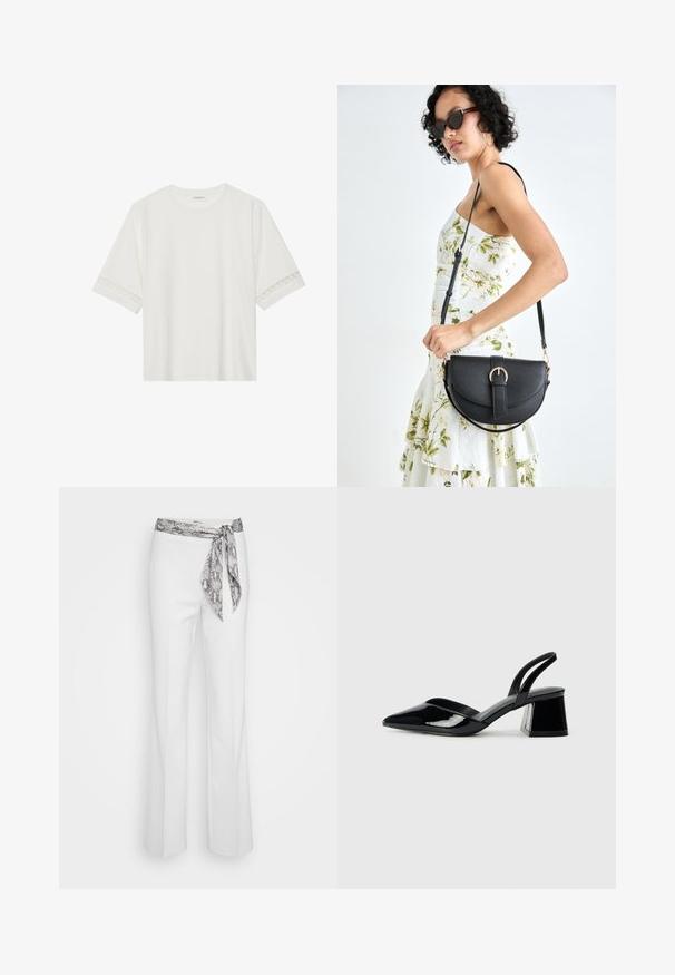 T-shirt bianco a maniche corte in cotone, con bordi in pizzo decorativi lungo le maniche e scollo rotondo.; Pantaloni bianchi con vita aderente e una cintura a stampa serpente grigia legata davanti. Design con gamba svasata e texture del tessuto liscia.; Décolleté in vernice nera con punta affusolata e tacco in geometria cubica. Presentano un design elegante e minimalista, con una texture liscia.; Borsa a tracolla nera in pelle con una forma curva, manico rimovibile e accessori dorati. La borsa presenta una patta con un dettaglio a fibbia.