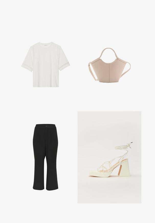 Tricou alb cu mânecă scurtă, confecționat din bumbac, cu dantelă decorativă pe marginea mânecilor și un guler rotund.; Pantaloni scurți negri, cu o textură netedă, închidere cu nasture și două buzunare frontale. Designul are o croială dreaptă și un detaliu minim.; Sandale albe cu toc înalt și gros, cu un design cu curele și legătură la gleznă. Textură netedă, cu o platformă frontală pentru înălțime suplimentară.; Geantă de mână bej din piele cu o formă unică, dotată cu două mânere scurte și o curea lungă ajustabilă. Textură netedă, cu hardware minim.