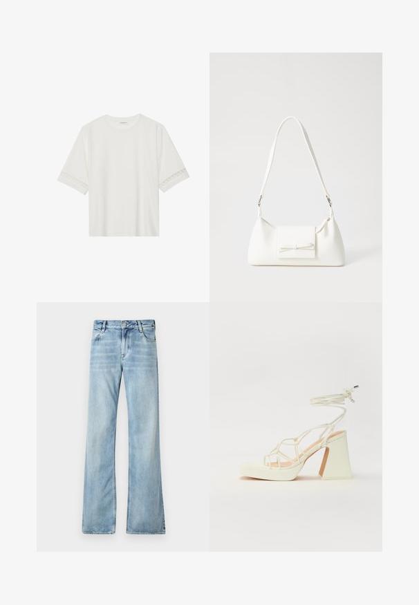 Valge lühikese varrukaga T-särk, mis on valmistatud puuvillast, kaunistatud pitsiga varrukate ääres ja ümmarguse kaelusega.; Heledad sinine lahja teksad, mis on valmistatud denimist, viie taskuga, nööpkinnitus ja kerge äärisefadeerimisega kulunud efekti saavutamiseks.; Valged kõrge kontsaga sandaalid, millel on paks konts ja rihmadega disain koos pahkluu sidumisega. Sile tekstuur ja platvorm ees, et lisada kõrgust.; Valge sünteetilisest materjalist kott kolmnurkse kujuga, lame esiklapiga ja kaaredetailiga, reguleeritava rihmaga, sileda tekstuuriga ja minimalistliku disainiga.