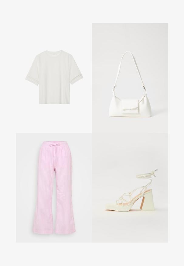 T-shirt branco de manga curta feito de algodão, com bainha de renda decorativa nas mangas e decote redondo.; Calças listradas rosa feitas de um tecido leve, com uma cintura ajustável e um corte largo e descontraído. As listas verticais adicionam uma textura subtil.; Sandálias brancas de salto alto com um salto robusto, apresentando um design com tiras e amarração no tornozelo. Textura suave com uma plataforma na frente para altura adicional.; Mala sintética branca com formato triangular, aba frontal plana e detalhe de laço, alça ajustável, textura suave e design minimalista.
