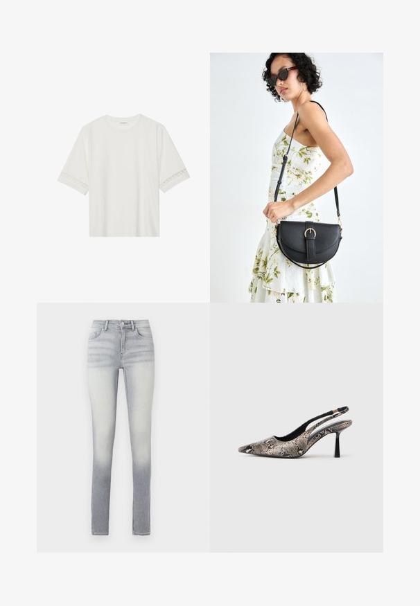 Tricou alb cu mânecă scurtă, confecționat din bumbac, cu dantelă decorativă pe marginea mânecilor și un guler rotund.; Jeans skinny albastru deschis cu un spălare în gradient, având cinci buzunare, închidere cu un buton în față și o ușoară decolorare la coapsă.; Pantofi slingback cu vârf ascuțit, din material texturat cu imprimeu de șarpe, având un toc subțire negru și un design decupat pe laterale.; Geantă din piele neagră, cu o formă curbată, curea detașabilă și accesorii aurii. Geanta are un capac cu un detaliu tip cataramă.