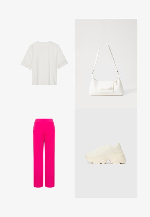 Vit kortärmad t-shirt i bomull, med dekorativa spetsdetaljer längs ärmarna och rund halsringning.; Klänning i ljusrosa, vida byxor med en slät textur och en design med hög midja. Tillverkade av lättviktsmaterial för komfort och rörelsefrihet.; Tjocka vita sneakers gjorda av texturerat mesh och syntetiska material, med en tjock sula och intrikata mönsterdetaljer längs sidorna.; Vit syntetisk handväska med triangulär form, platt framklaff och rosettdetalj, justerbar rem, slät textur och minimalistisk design.
