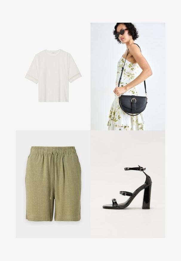 T-shirt bianco a maniche corte in cotone, con bordi in pizzo decorativi lungo le maniche e scollo rotondo.; Shorts verde oliva realizzati in un tessuto testurizzato e traspirante. Dotati di una vita elasticizzata e di un cordoncino per una vestibilità regolabile.; Sandali con tacco in vernice nera, con punta squadrata, cinturini alla caviglia e fibbie in argento. Presentano un tacco a blocco spesso per maggiore stabilità.; Borsa a tracolla nera in pelle con una forma curva, manico rimovibile e accessori dorati. La borsa presenta una patta con un dettaglio a fibbia.