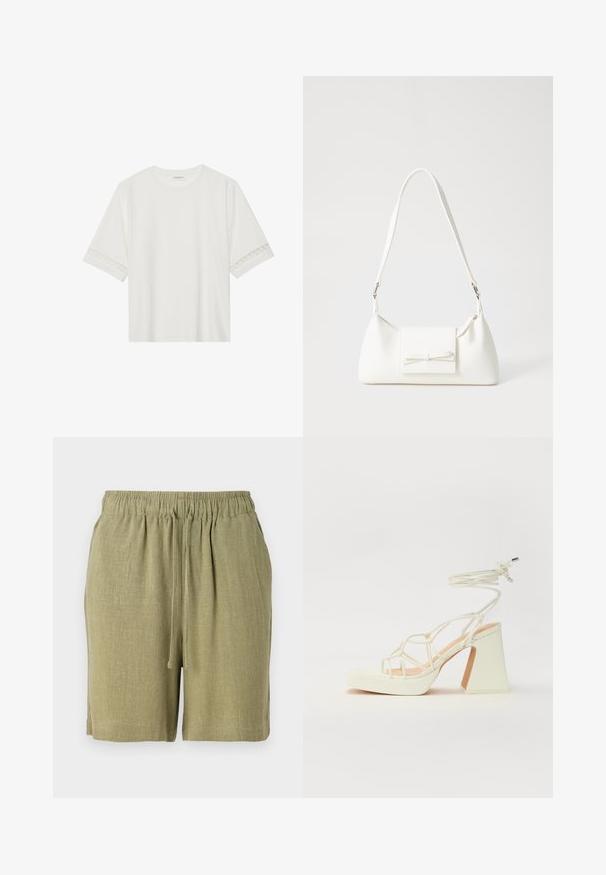 Hvid kortærmet t-shirt lavet af bomuld, med dekorativ blondekant langs ærmerne og en rund halsudskæring.; Olivengrønne shorts lavet af et tekstureret, åndbart stof. Har en elastisk talje og snor til justerbar pasform.; Hvide højhælede sandaler med en kraftig hæl, der har et stropdesign og ankelbinding. Glat tekstur med en platform foran for ekstra højde.; Hvid syntetisk håndtaske med en trekantet form, flad forsideklap og sløjfedetalje, justerbar strop, glat tekstur og minimalistisk design.