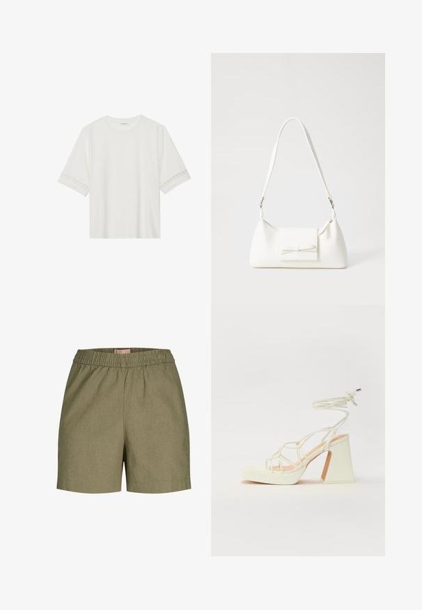 Biele tričko s krátkym rukávom vyrobené z bavlny, s dekoratívnym čipkovým lemovaním pozdĺž rukávov a okrúhlym výstrihom.; Khaki šortky s elastickým pásom, hladká textúra, prispôsobený strih a bočné vrecká. Materiál sa zdá byť odolný s jemným melírovaným vzorom.; Biele sandále na vysokom opätku s hrubým podpätkom, s pruhovaným dizajnom a viazaním na členku. Hladký povrch s platformou vpredu pre zvýšenú výšku.; Biela syntetická kabelka s trojuholníkovým tvarom, plochým predným klapkou a detailom mašle, nastaviteľným popruhom, hladkou textúrou a minimalistickým dizajnom.