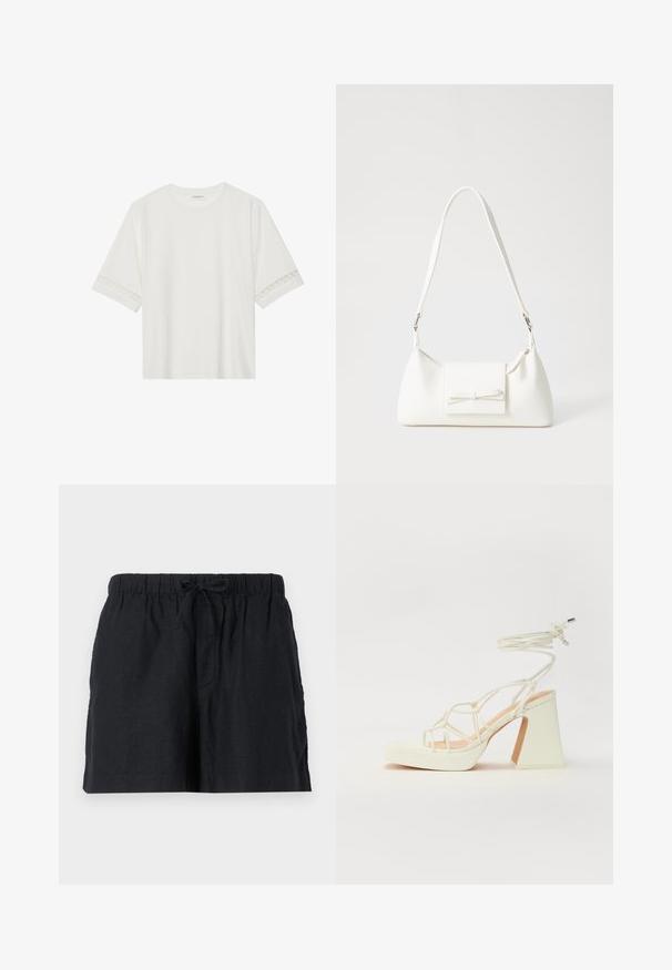 Hvid kortærmet t-shirt lavet af bomuld, med dekorativ blondekant langs ærmerne og en rund halsudskæring.; Sorte linnedesign shorts med elastisk talje og snor. Har sidelommer og et afslappet fit.; Hvide højhælede sandaler med en kraftig hæl, der har et stropdesign og ankelbinding. Glat tekstur med en platform foran for ekstra højde.; Hvid syntetisk håndtaske med en trekantet form, flad forsideklap og sløjfedetalje, justerbar strop, glat tekstur og minimalistisk design.