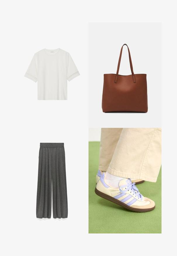 Witte korte mouwen t-shirt van katoen, met een decoratieve kantafwerking langs de mouwen en een ronde halslijn.; Grijze geplooide culottes van een gestructureerde stof, met een wijde pijpontwerp en een elastische tailleband voor een ontspannen pasvorm.; Crème- en lavendel-sneakers met drie strepen en een gestructureerde bruine zool, voorzien van veters en een gewatteerde hiel. Zachte stoffen bovenkant.; Bruine leren tote bag met een gladde textuur, een ontwerp met een open bovenkant en twee schouderbanden. Kenmerkt zich door minimale stiksels en geen zichtbare hardware.