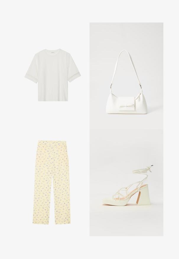Balta trumpomis rankovėmis marškinėliai, pagaminti iš medvilnės, su dekoratyviais nėriniais aplink rankoves ir apvaliu kaklu.; Šviesiai geltoni platūs kelnes su mėlyna gėlių raštu. Elastinga juosmens juosta, minkšta tekstūra ir tiesus kirpimas, sukurtas patogumui.; Balti aukštakulniai sandalai su masyviu kulnu, su dirželių dizainu ir kulkšnies raiščiu. Lygi tekstūra su platforma priekyje, suteikianti papildomą aukštį.; Balta sintetinė rankinė trikampio formos, plokščiu priekiu su užsegimu, kaspino detale, reguliuojama dirželiu, lygia tekstūra ir minimalistišku dizainu.