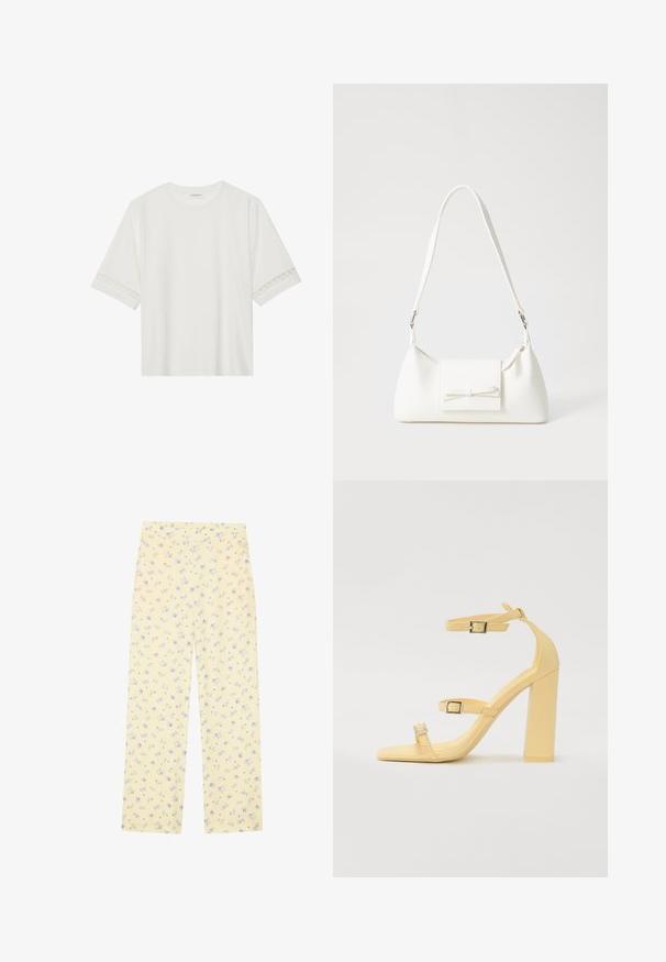 Witte korte mouwen t-shirt van katoen, met een decoratieve kantafwerking langs de mouwen en een ronde halslijn.; Lichtgele wijde broek met een bloemenpatroon in blauw. Elastische tailleband, zachte structuur en rechte snit, ontworpen voor comfort.; Gele blockhak sandalen met drie verstelbare banden, vierkante teenontwerp, glad synthetisch materiaal en zilverkleurige gespen.; Witte synthetische handtas met een driehoekige vorm, platte voorklep en strikdetail, verstelbare schouderriem, gladde textuur en minimalistisch ontwerp.