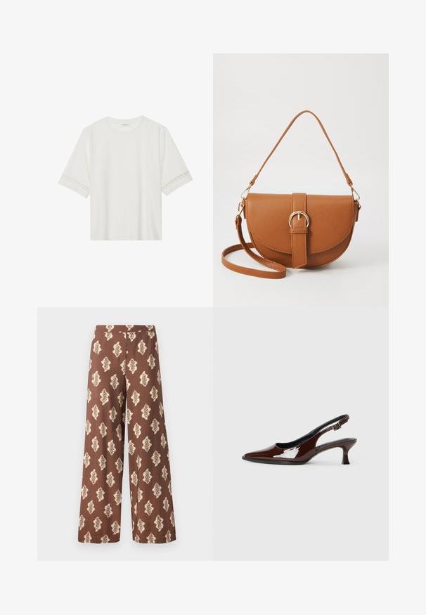 Balta īsām piedurknēm T-kreklu, izgatavotu no kokvilnas, ar dekoratīvu mežģīņu apdari ap piedurknēm un apaļu kakla izgriezumu.; Plašas brūnas bikses, kas izgatavotas no auduma ar teksturētu virsmu, ar atkārtotu lapu rakstu krēmkrāsā. Elastīga josta.; Brūnas patentētas ādas sprauga kurpes ar norādītu pirkstu un mērenu papēdi. Aprīkotas ar sprādzi, lai nodrošinātu drošu fit. Gluda tekstūra.; Brūns ādas plecu soma ar izliekta formu, zelta piederumiem un sprādzes akcentu. Iesaiņota ar noņemamu plecu siksnu.
