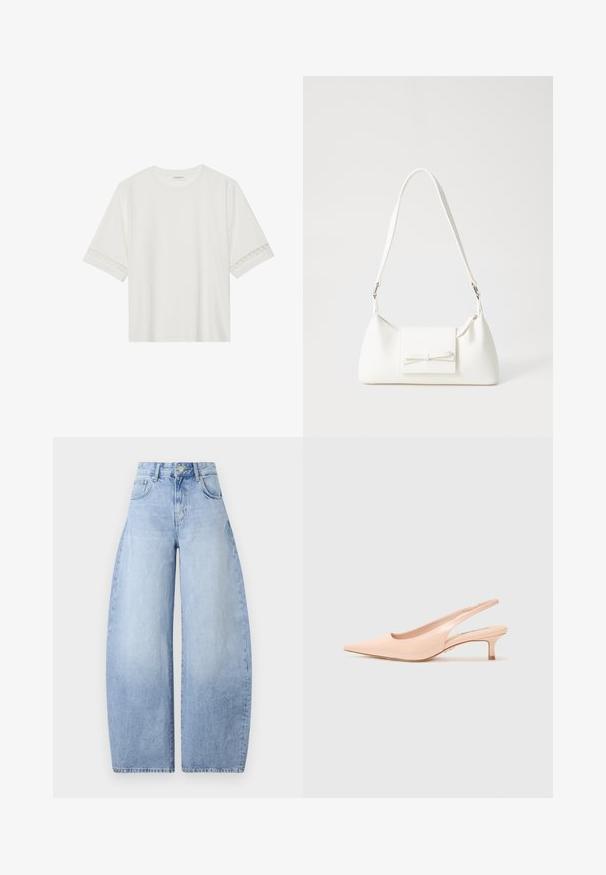 Tricou alb cu mânecă scurtă, confecționat din bumbac, cu dantelă decorativă pe marginea mânecilor și un guler rotund.; Jeans largi de culoare albastru deschis, realizati din denim. Design cu talie inalta, dotati cu cinci buzunare si inchidere cu buton. Terminatie curata, fara modele vizibile.; Steve Madden KARI - Pantofi clasici cu toc - ballet pink; Geantă sintetică albă, cu formă triangulară, capac frontal plat și detaliu cu fundă, curea ajustabilă, textură netedă și design minimalist.