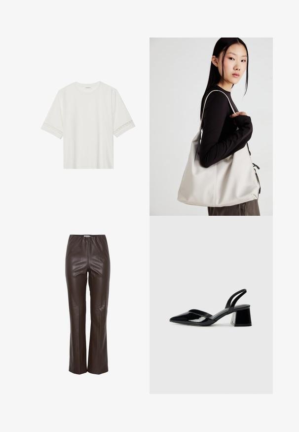 Balta trumpomis rankovėmis marškinėliai, pagaminti iš medvilnės, su dekoratyviais nėriniais aplink rankoves ir apvaliu kaklu.; Rudos dirbtinės odos kelnės su lygiu paviršiumi, elastinga juosmens juosta ir prigludusia forma, kuri šiek tiek plečiasi ties kulkšnimis.; Juodos lakuotos odinės šlepetės su smailiu pirštu ir geometriniu bloko kulnu. Turi elegantišką, minimalistinį dizainą ir lygų paviršių.; Bežinė rankinė, pagaminta iš minkštos medžiagos, turinti laisvą dizainą, siuvinėtas detalės ir dvi petnešos. Tinkama kasdieniam naudojimui.