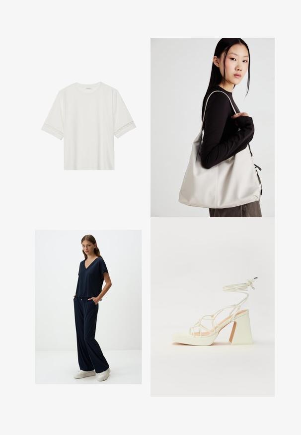 Witte korte mouwen t-shirt van katoen, met een decoratieve kantafwerking langs de mouwen en een ronde halslijn.; Marineblauwe, kortarmige V-hals top gecombineerd met losse, bijpassende broek. Zachte, lichte stof met zijzakken en een relaxte pasvorm.; Witte hoge hakken sandaal met een chunky hak, met een bandjesontwerp en enkelband. Gladde textuur met een plateau voor extra hoogte.; Beige handtas gemaakt van zacht materiaal, met een slonzig ontwerp, gestikte details en twee schouderbanden. Geschikt voor dagelijks gebruik.