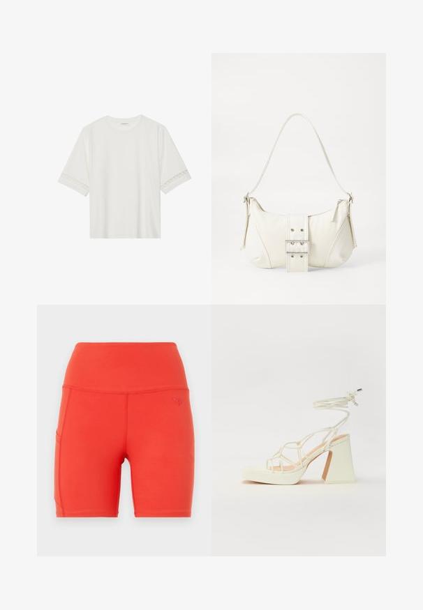 White short-sleeve t-shirt made from cotton, featuring decorative lace trim along the sleeves and a round neckline.; Red athletic shorts with a high waistband, made from smooth, stretchy material. Features a side pocket and a small embossed logo.; White high-heeled sandal with a chunky heel, featuring a strappy design and ankle tie. Smooth texture with a platform front for added height.; White shoulder bag with a textured finish, a central buckle accent, and a curved shape. Zipper closures on both sides.