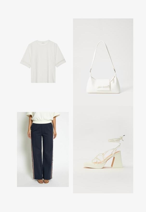 Biała, krótka koszulka z bawełny z dekoracyjnym koronkowym wykończeniem przy rękawach i okrągłym dekoltem.; Granatowe spodnie w szerokiej nogawce wykonane z gładkiego materiału, z bocznymi paskami w kolorze czerwonym, białym i niebieskim. Z przodu ozdobione fałdami.; Biała sandał na wysokim obcasie z masywnym słupkiem, z paskowym wzorem i wiązaniem przy kostce. Gładka faktura z platformą z przodu dla dodatkowej wysokości.; Biała syntetyczna torba o trójkątnym kształcie, płaskim przednim klapce i detalach w postaci kokardy, regulowanym pasku, gładkiej fakturze oraz minimalistycznym designie.