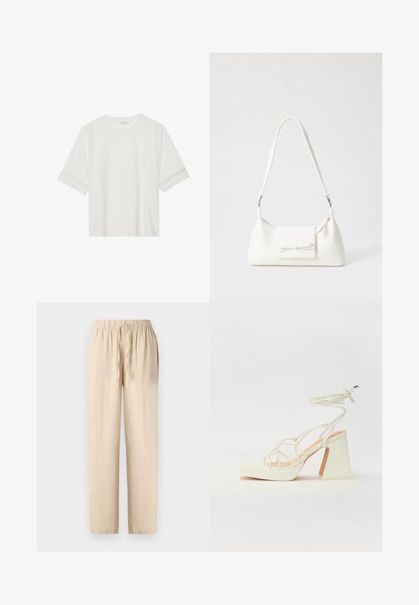 Weißes T-Shirt mit kurzen Ärmeln aus Baumwolle, mit dekorativem Spitzenbesatz entlang der Ärmel und einem runden Ausschnitt.; Beige Leinenhose mit einem elastischen Kordelzugbund, geradem Schnitt und glatter Textur. Leichter und atmungsaktiver Stoff.; Weiße High-Heel-Sandale mit einem klobigen Absatz, die über ein Riemchendesign und ein Knöchelband verfügt. Glatte Textur mit einer Plattform vorne für zusätzliche Höhe.; Weiße synthetische Handtasche in dreieckiger Form, flache Vorderklappe und Schleifendetail, verstellbarer Trageriemen, glatte Textur und minimalistisches Design.