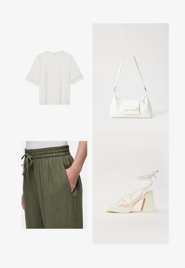 Balta trumpomis rankovėmis marškinėliai, pagaminti iš medvilnės, su dekoratyviais nėriniais aplink rankoves ir apvaliu kaklu.; Alyvuogių spalvos, lengvi lino kelnės su elastinga juosta ir raišteliu. Yra šoninė kišenė ir laisvas kirpimas.; Balti aukštakulniai sandalai su masyviu kulnu, su dirželių dizainu ir kulkšnies raiščiu. Lygi tekstūra su platforma priekyje, suteikianti papildomą aukštį.; Balta sintetinė rankinė trikampio formos, plokščiu priekiu su užsegimu, kaspino detale, reguliuojama dirželiu, lygia tekstūra ir minimalistišku dizainu.