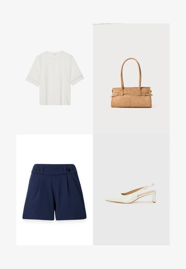 Bela kratka majica s kratkimi rokavi iz bombaža, okrašena z dekorativnim čipkastim robom ob rokavih in okroglo izrezom.; Mornarško modri na voljo kratki hlače, narejene iz lahkega materiala, z dvema sprednjima pregiboma in dvema črnima gumboma na pasu.; Bele begaste usnjene slingback čevlje z ostrim nosom in nizkim blokastim peto. Imajo diskreten trak z zlatim podrobnostim s sponko.; Torba iz bež sued kožne teksture z dvema dolgima ročajema, pravokotne oblike in okrasnim šivanjem. Ima stranski trak in subtilne zlate detajle.