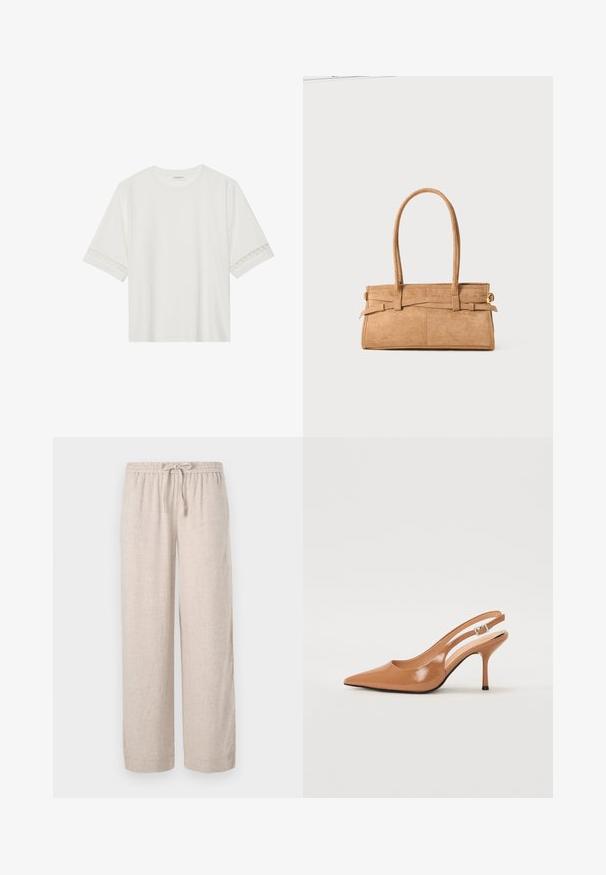 Balta īsām piedurknēm T-kreklu, izgatavotu no kokvilnas, ar dekoratīvu mežģīņu apdari ap piedurknēm un apaļu kakla izgriezumu.; Gai bežīgas, platās kājas bikses, izgatavotas no lina ar elastīgu jostasvietu un auklovu. Tām ir gluda tekstūra un ikdienišķs dizains.; Izteikts pirksta siksnas zābaks, izgatavots no gludas, spīdīgas brūnas materiāla. Piedāvā izliekta izgriezuma dizainu un smalku stiletto papēdi. Sudraba sprādze.; Salds zamšs rokassomu ar divām garām rokturiem, taisnstūra formā un dekoratīvām šuvēm. Iespējo sānu siksniņu un smalkus zelta aksesuārus.