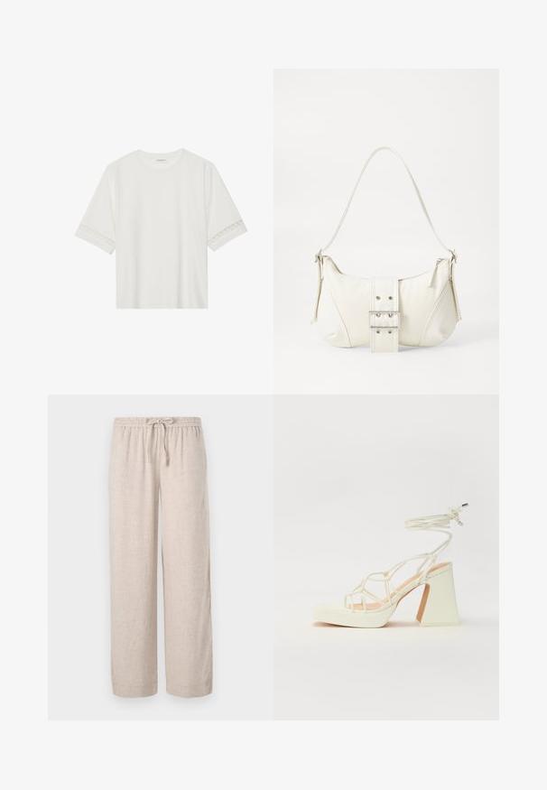 Balta īsām piedurknēm T-kreklu, izgatavotu no kokvilnas, ar dekoratīvu mežģīņu apdari ap piedurknēm un apaļu kakla izgriezumu.; Gai bežīgas, platās kājas bikses, izgatavotas no lina ar elastīgu jostasvietu un auklovu. Tām ir gluda tekstūra un ikdienišķs dizains.; Baltas augstpapēžu sandales ar masīvu papēdi, ar siksnu dizainu un potītes saistītiem elementiem. Gluda tekstūra ar platformu priekšpusē, lai nodrošinātu papildu augstumu.; Balts plecu soma ar teksturētu apdari, centrālu sprādzi un izliekta forma. Ražota ar rāvējslēdzēja aizdares abās pusēs.