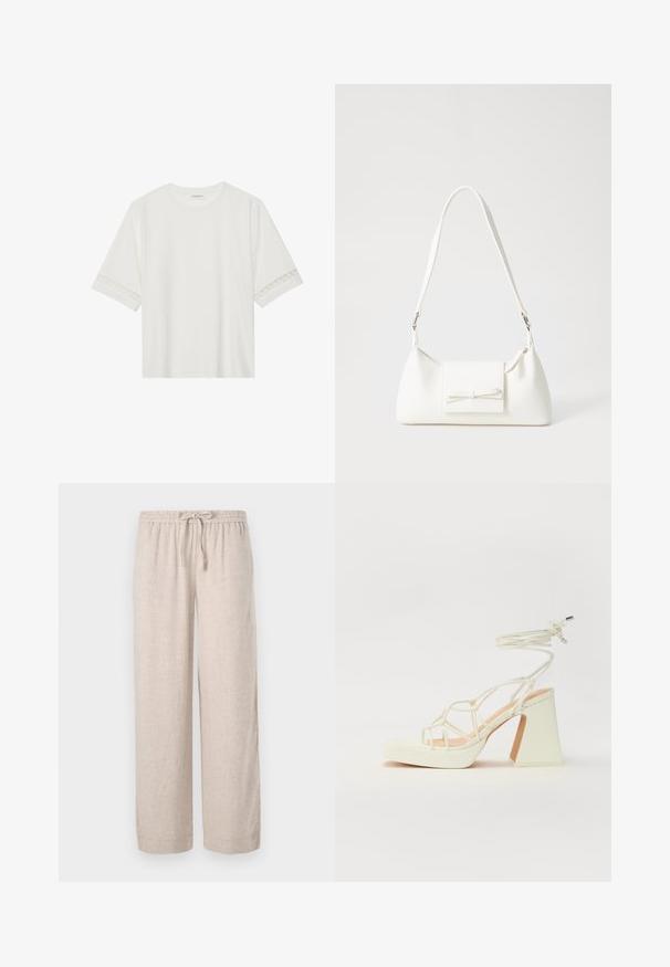 Valge lühikese varrukaga T-särk, mis on valmistatud puuvillast, kaunistatud pitsiga varrukate ääres ja ümmarguse kaelusega.; Heledad beežid laiad püksid, mis on valmistatud linnasest, elastse vöökoha ja paelaga. Omavad sujuvat tekstuuri ja juhuslikku disaini.; Valged kõrge kontsaga sandaalid, millel on paks konts ja rihmadega disain koos pahkluu sidumisega. Sile tekstuur ja platvorm ees, et lisada kõrgust.; Valge sünteetilisest materjalist kott kolmnurkse kujuga, lame esiklapiga ja kaaredetailiga, reguleeritava rihmaga, sileda tekstuuriga ja minimalistliku disainiga.