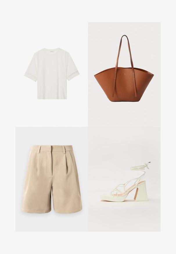 Bílé tričko s krátkým rukávem vyrobené z bavlny, s dekorativní krajkovou aplikací na rukávech a kulatým výstřihem.; Béžové šortky na vysokém pasu s poutky na opasek, předními sklady a skrytým zapínáním na přední straně na bílém pozadí.; Bílé sandály na vysokém podpatku s robustním podpatkem, s designem s pásky a zavazováním kolem kotníku. Hladký povrch s platformou vpředu pro zvýšení výšky.; Hnědá kožená taška přes rameno s širokým, strukturovaným tvarem, tenkými ušima a texturovaným povrchem. Disponuje minimalistickým designem bez viditelného kovového hardwaru.