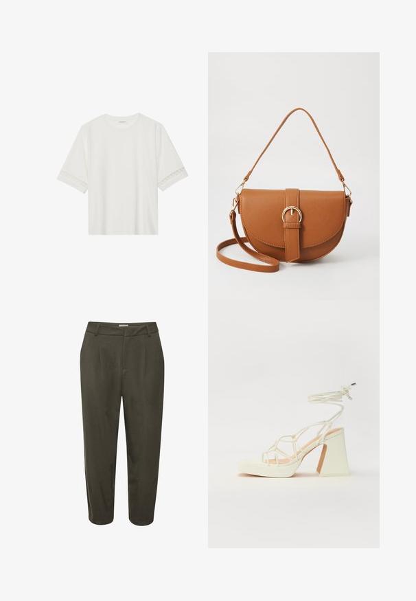 Balta īsām piedurknēm T-kreklu, izgatavotu no kokvilnas, ar dekoratīvu mežģīņu apdari ap piedurknēm un apaļu kakla izgriezumu.; Tumši zaļi, stilīgi bikses ar plecu detaļām, pieguļošu jostu un īsu garumu. Izgatavotas no gludas auduma ar smalku spīdumu.; Baltas augstpapēžu sandales ar masīvu papēdi, ar siksnu dizainu un potītes saistītiem elementiem. Gluda tekstūra ar platformu priekšpusē, lai nodrošinātu papildu augstumu.; Brūns ādas plecu soma ar izliekta formu, zelta piederumiem un sprādzes akcentu. Iesaiņota ar noņemamu plecu siksnu.