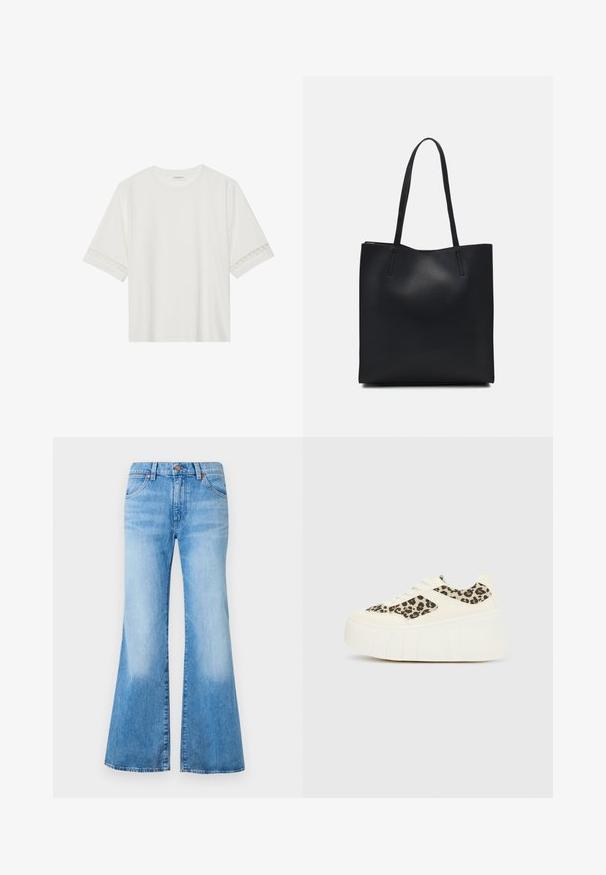 T-shirt branco de manga curta feito de algodão, com bainha de renda decorativa nas mangas e decote redondo.; Jeans justos de lavagem clara com cintura alta, feitos de denim. Apresenta dois bolsos frontais e detalhes em botão de metal. Textura desbotada no tecido.; Ténis brancos de plataforma com parte superior em couro liso, apresentando um painel lateral com estampado de leopardo e sola de borracha texturizada.; Bolsa tote preta em couro com textura lisa, forma retangular e duas alças longas. Sem hardware ou enfeites visíveis.