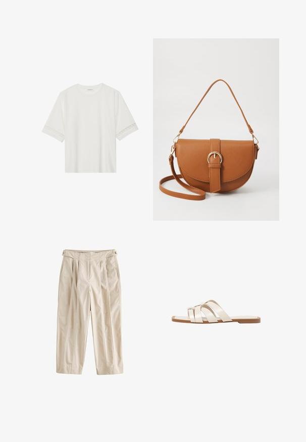 Vit kortärmad t-shirt i bomull, med dekorativa spetsdetaljer längs ärmarna och rund halsringning.; Next Tygbyxor - stone; Platta sandaler med en brun gummisula, designade med tre överlappande vita läderspännen och en liten rosett i mitten.; Brun läder crossbody-väska med en böjd form, gyllene detaljer och en spänneaccent. Har en avtagbar axelrem.