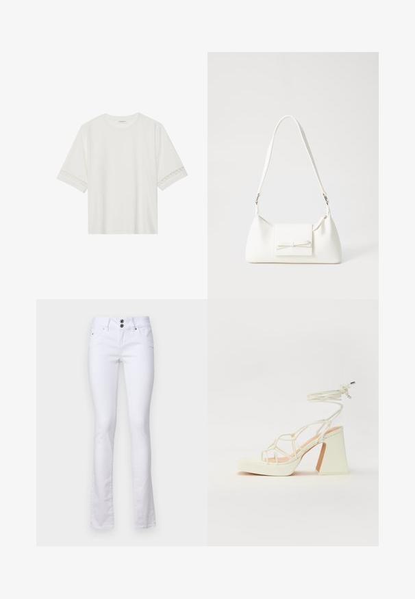 T-shirt branco de manga curta feito de algodão, com bainha de renda decorativa nas mangas e decote redondo.; Calças flare brancas feitas de um tecido de mistura de algodão, apresentando um fecho de dois botões, bolsos frontais e detalhes de costura subtil.; Sandálias brancas de salto alto com um salto robusto, apresentando um design com tiras e amarração no tornozelo. Textura suave com uma plataforma na frente para altura adicional.; Mala sintética branca com formato triangular, aba frontal plana e detalhe de laço, alça ajustável, textura suave e design minimalista.