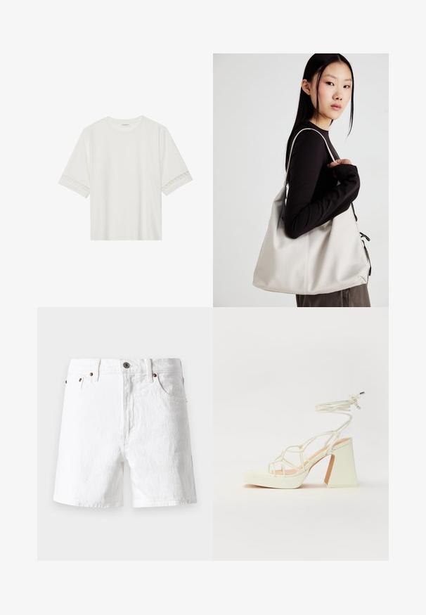 T-shirt blanc à manches courtes en coton, avec des bordures en dentelle décoratives le long des manches et un col rond.; Shorts en denim blanc au design classique, style à cinq poches, avec des accents de boutons en laiton et une finition en tissu légèrement texturée.; Sandale blanche à talons hauts avec un talon épais, présentant un design à lanières et un lien autour de la cheville. Texture lisse avec une plateforme à l'avant pour une hauteur supplémentaire.; Sac à main beige en matériau souple, avec un design décontracté, des détails cousus et deux poignées. Idéal pour un usage quotidien.