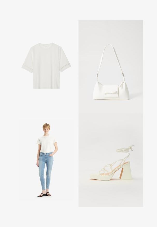 White short-sleeve t-shirt made from cotton, featuring decorative lace trim along the sleeves and a round neckline.; Light blue skinny jeans with a high waist, made of denim, paired with a cream-colored cotton t-shirt and black strappy sandals.; White high-heeled sandal with a chunky heel, featuring a strappy design and ankle tie. Smooth texture with a platform front for added height.; White synthetic handbag with a triangular shape, flat front flap and bow detail, adjustable strap, smooth texture, and minimalistic design.