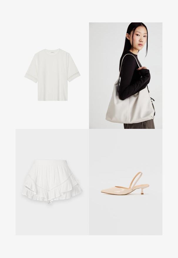 Biała, krótka koszulka z bawełny z dekoracyjnym koronkowym wykończeniem przy rękawach i okrągłym dekoltem.; Biała spódnica z warstwowymi falbanami, wykonana z lekkiego materiału. Posiada dekoracyjne przeszycia wzdłuż szwów oraz dopasowaną talię.; Beżowe lakierowane czółenka na odkrytej pięcie z zasunięciem, z ostrym noskiem i smukłym, kwadratowym obcasem. Gładka faktura i minimalistyczny design bez zdobień.; Beżowa torebka wykonana z miękkiego materiału, charakteryzująca się luźnym fasonem, wyszywanymi detalami i dwoma uchwytami na ramię. Idealna na co dzień.